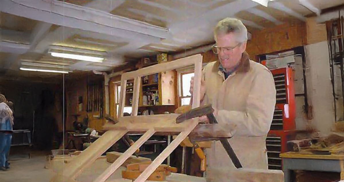 Roger constructing angled sections of the kitchen base cabinets.