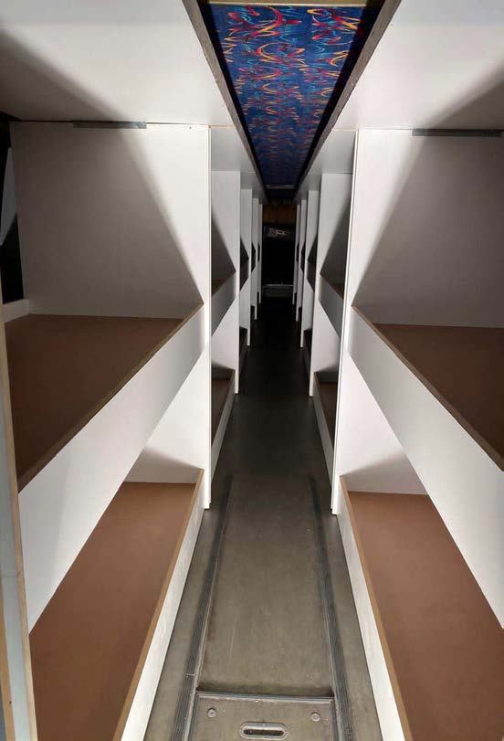 Interior view of the bus during the conversion process.