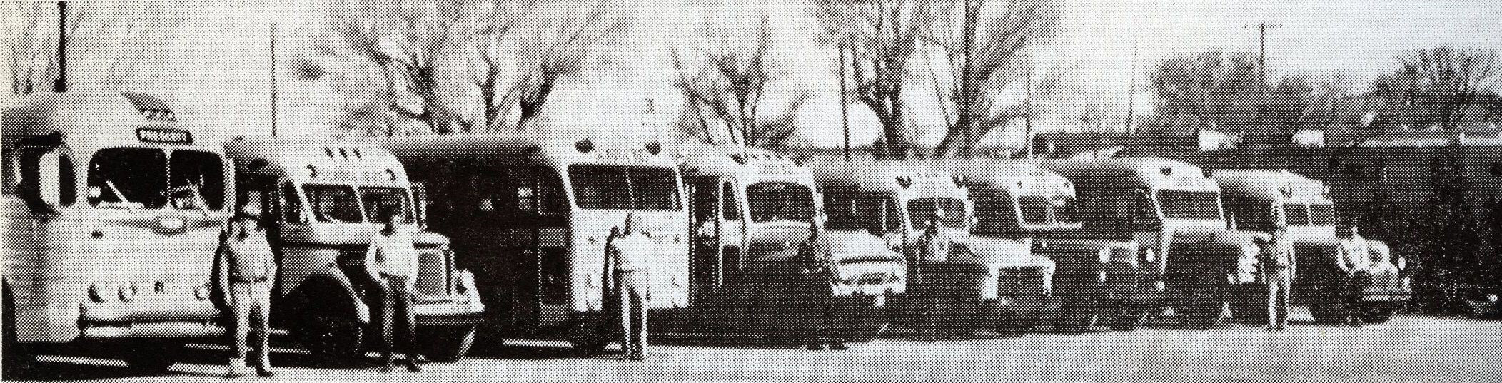 Prescott School bus fleet circa 1958. Bus #4, third from the right.