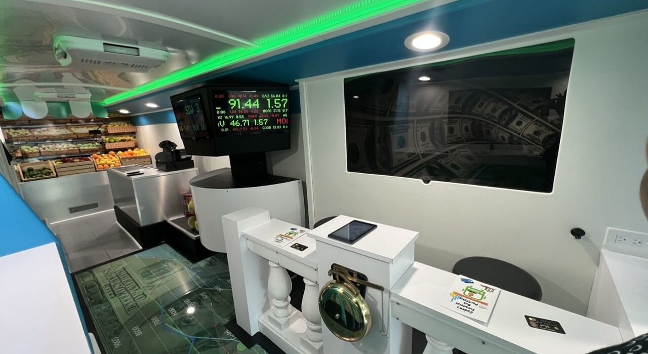 This is the stock exchange on the bus with a real working bell and the stock tower.